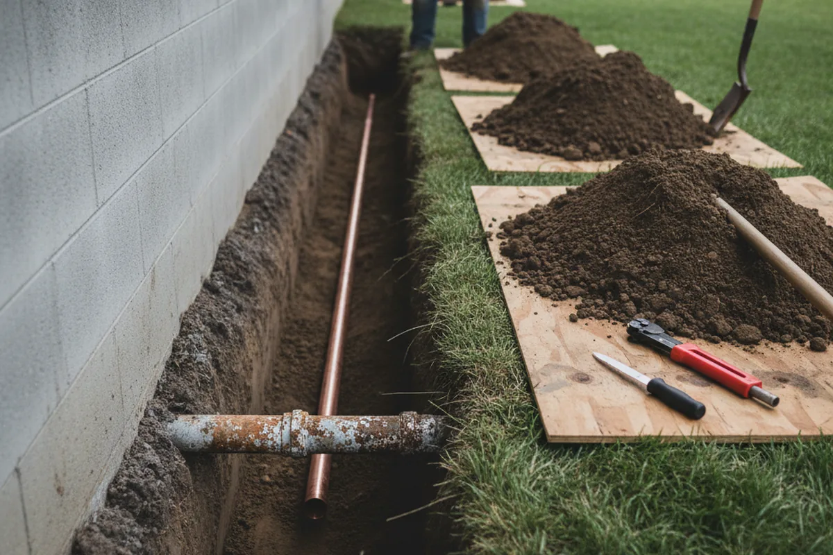 Excavated water line trench during Water Softener Installation in Durant